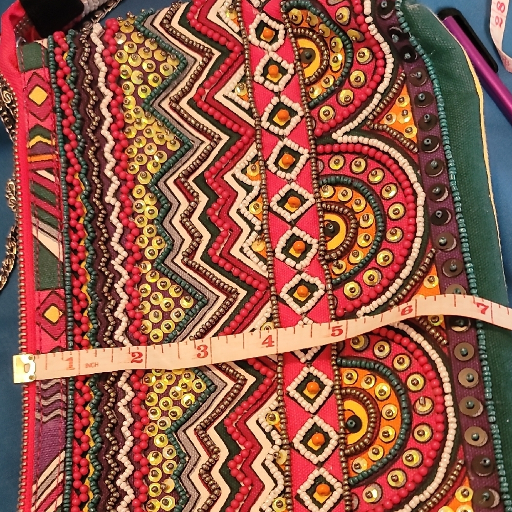 Steve Madden Beaded         Bohemian Multicolor Purse with Pink Tassel - Picture 8 of 9